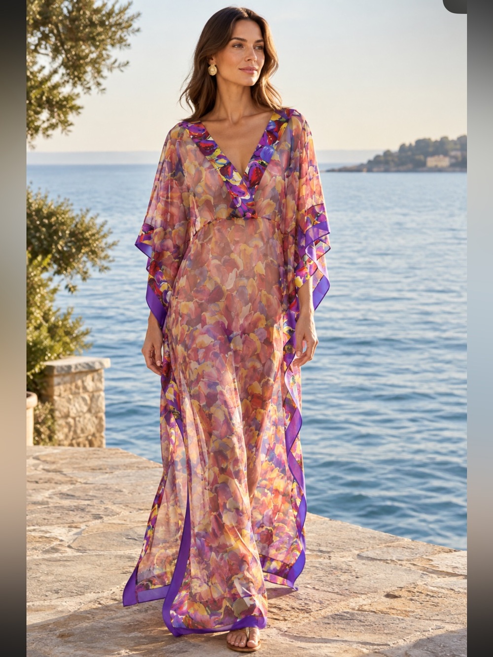 Chiara Boni Kanaia Oganza Floral Caftan Cover-Up in Purple and Yellow